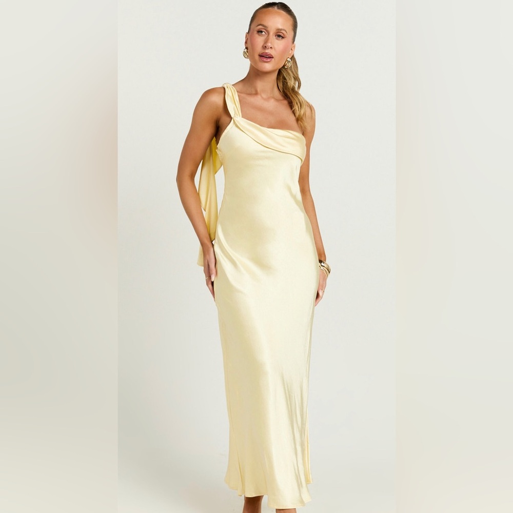 Showpo butter yellow midi wedding guest dress